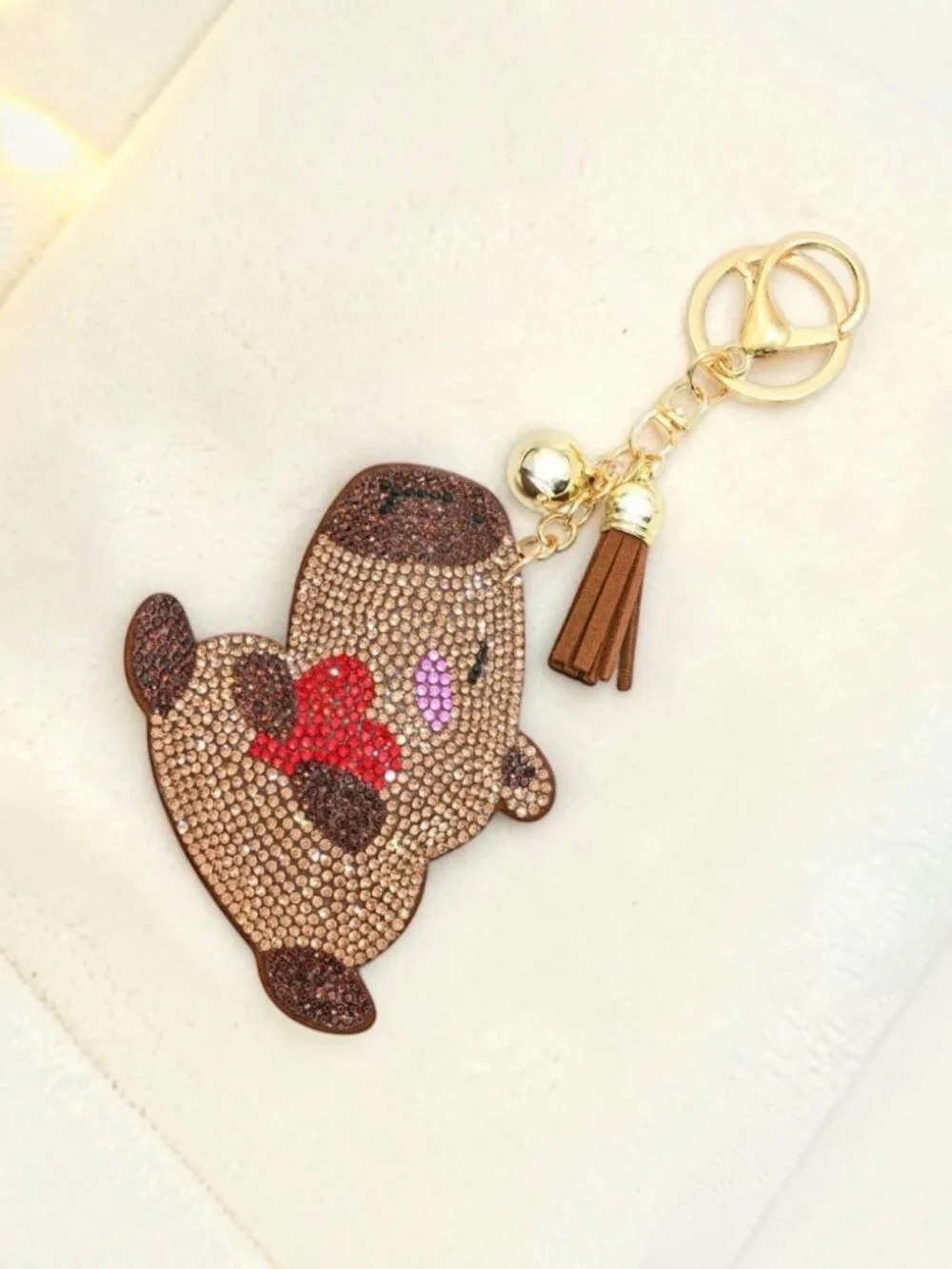 Capybara Tassel Bling Faux Suede Stuffed Pillow Key Chain Handbag Charm